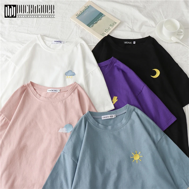 

Duckwaver Harajuku 2019 Summer Short Sleeve T Shirt Women Casual Weather Embroidery Tshirt Female Korean Cute Cotton Tops Tees