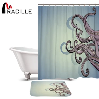 

Miracille Waterproof 3D Octopus Printed Polyester Bath Shower Curtain Sets Bathroom Carpet Accessories with 12 Plastic Hooks