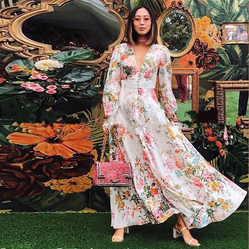 

2019 Spring Elegant Sweet V-neck Lantern Sleeve Floral Printed Pleated Long Dress Women High Quality Cotton Maxi Dress