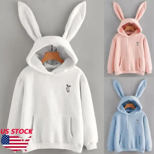 Осенняя Женская толстовка с заячьими ушками для девочек Kawaii капюшоном и длинными