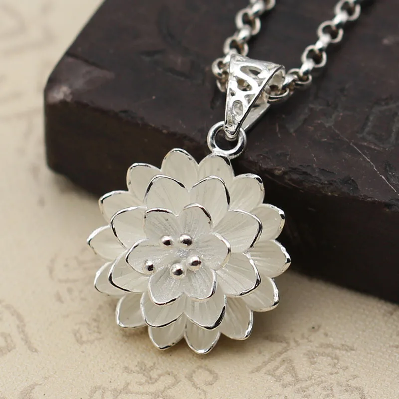 Vintage Matte Lotus Three dimensional Pendant 925 Sterling Silver