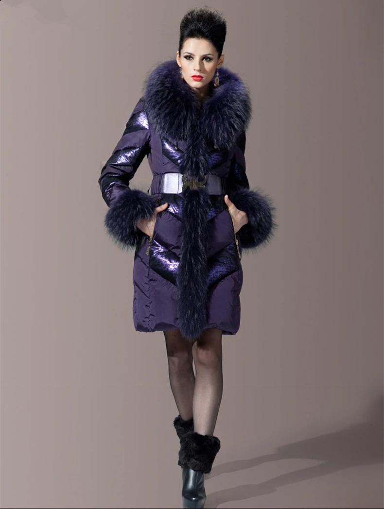Женская зимняя длинная куртка с капюшоном, роскошный меховой воротник, Регулируемая Талия, мягкий белый пуховик, женские толстые теплые куртки CH728