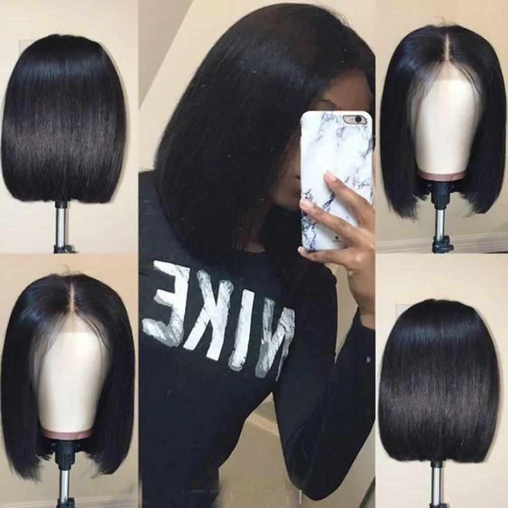 Alibd Short Lace Front Human Hair Wig Brazilian Straight Glueless Bob Wig Natural Color Remy Hair Lace Bob Wig With Baby Hair