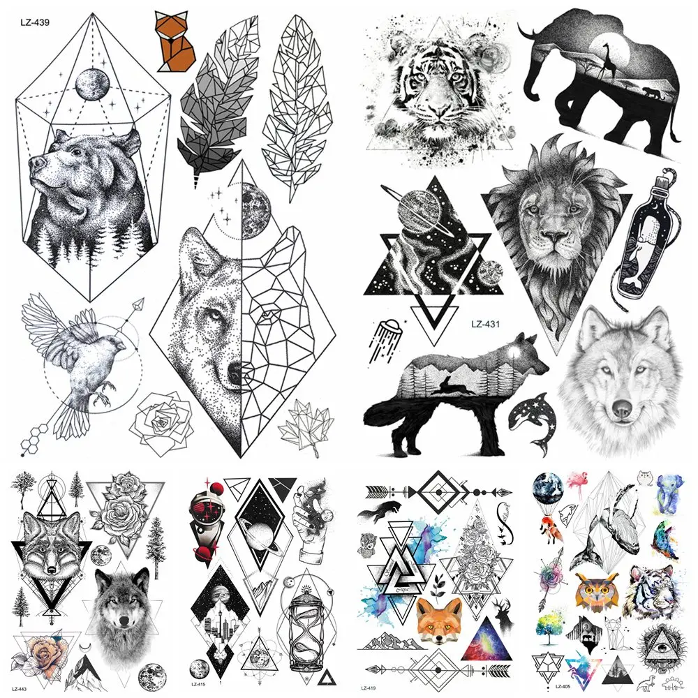 

3D Pencik Sketch Black Geometric Bear Wolf Tattoos Stickers Fake Animals Wrist Waist Arm Tattoo Temporary Women Men Party Tatoos