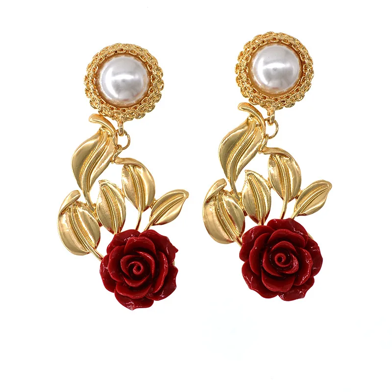 

Vintage Red Rose Drop Earrings For Women Rose Gold Color Statement Dangle Earrings With Crystal Rhinestone Wedding Jewelry