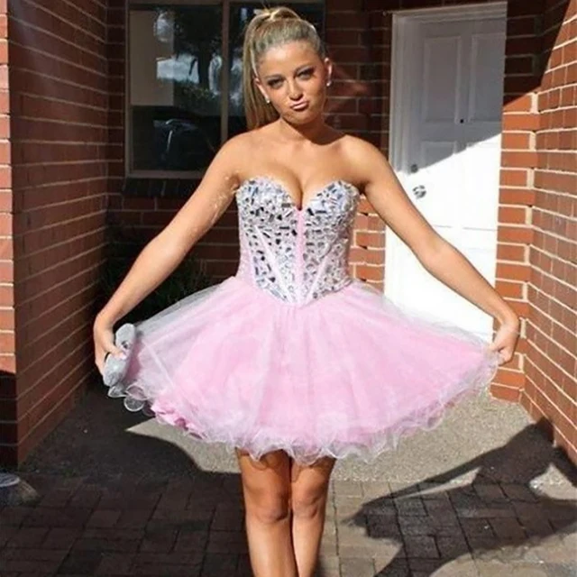Hot Sale Beaded Homecoming Dresses Pink Short Prom Dresses 2017 Tulle Sweetheart Junior