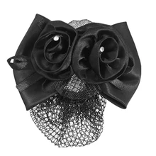 Black Polyester Bow Ribbon Metal Barrette Snood Net Bun Cover HairClip for Women