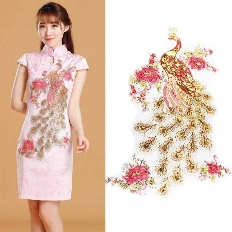

Peacock Phoenix Embroidered Patch Sequined Peacock Applique Fabric Apparel Flower Fabric Patches for cheongsam Dress costume 1PC
