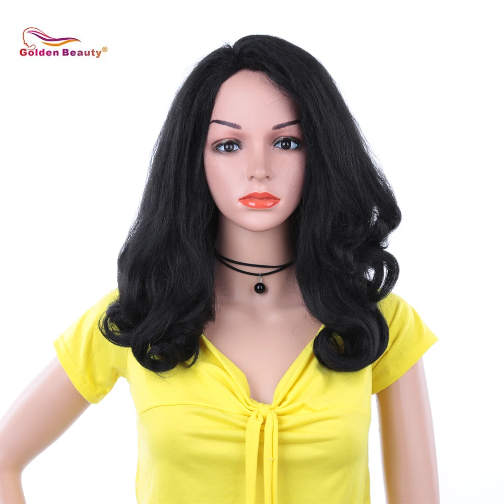 20inch Short Wavy Wig Black Synthetic Hair Wigs for Women Heat Resistant Replacement Wig Density 130% Golden Beauty