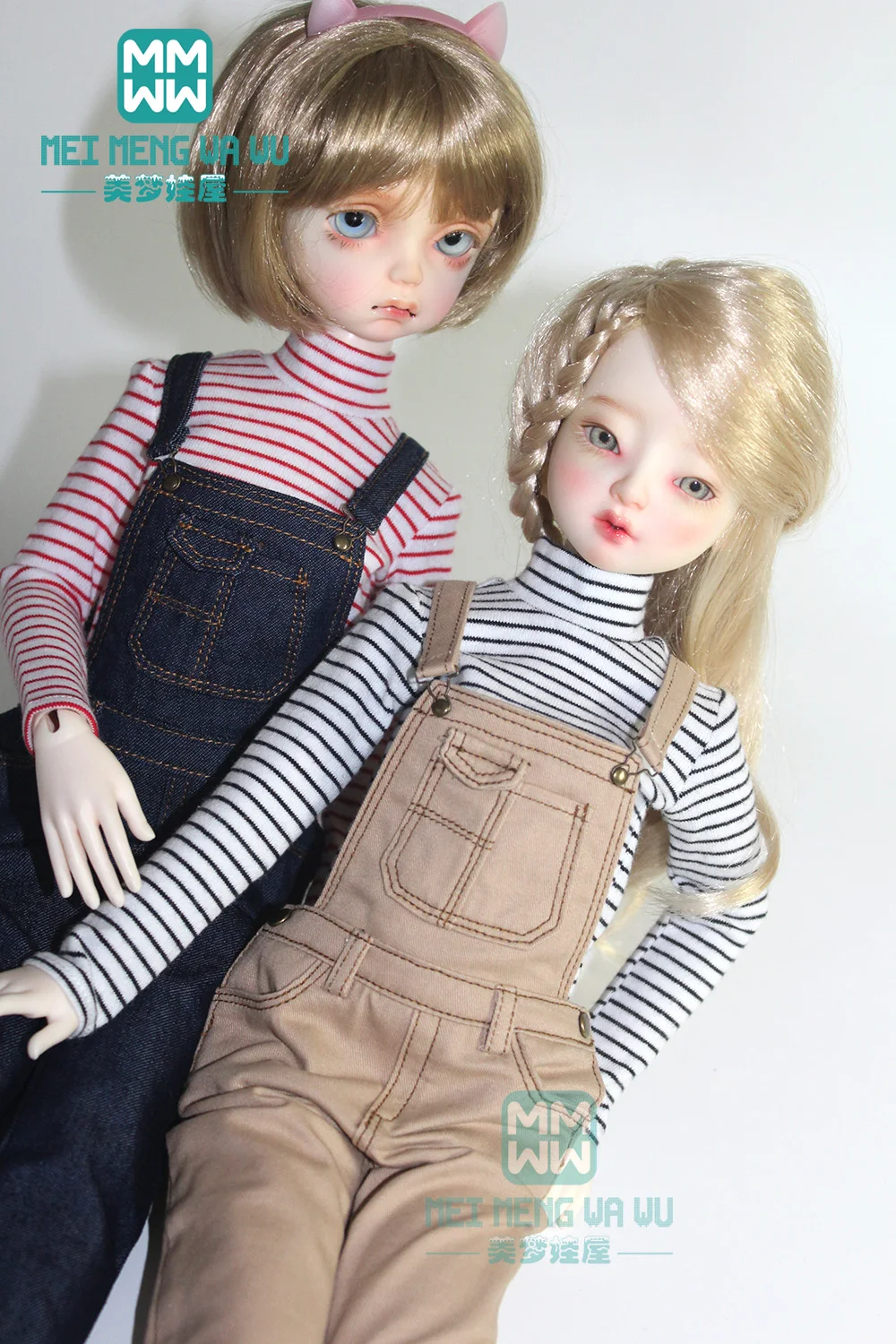 

Clothes for doll fits 40-43cm 1/4 BJD accessories fashion Striped T-shirt, denim strap pants