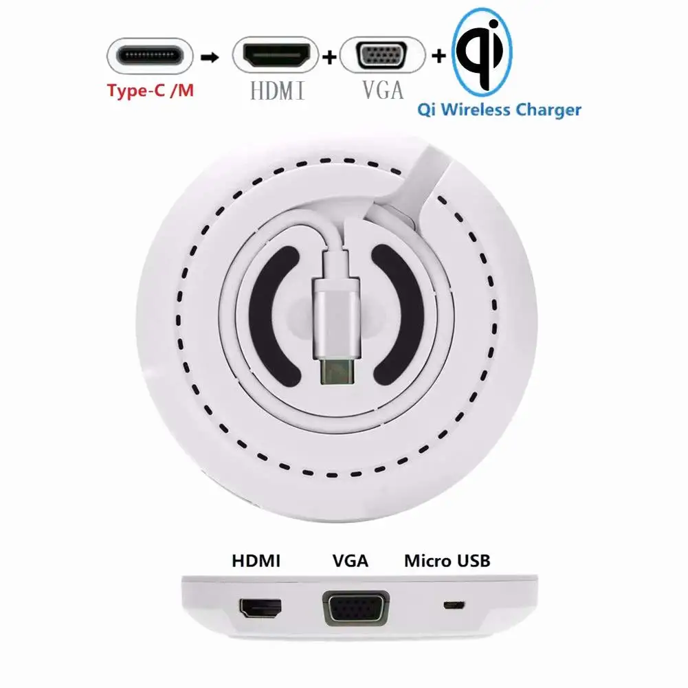 Type-C к HDMI+ VGA 10 Вт Qi Беспроводное зарядное устройство многофункциональный адаптер идеально подходит для офиса конференции домашнего кинотеатра