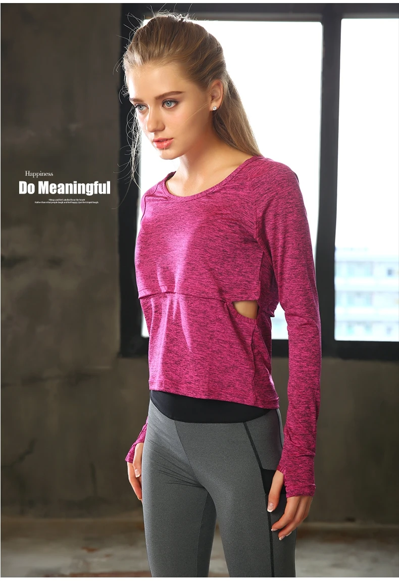 Новая женская спортивная одежда для занятий фитнесом, футболка для бега, длинный рукав, для йоги, Быстросохнущий дышащий тренировочный костюм