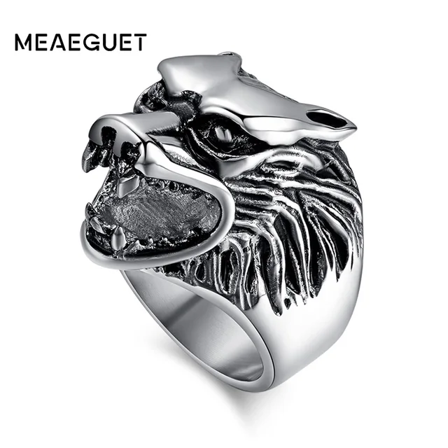 Meaeguet 25mm Wide Classic Wolf Head Ring For Male 316L Stainless Steel Punk Ani Meaeguet 25mm Wide Classic Wolf Head Ring For Male 316L Stainless Steel Punk Ani