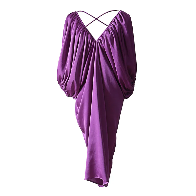 Искусственный шелк туника платье Женский v-образный вырез с высокой талией, из лоскутов Тонкий Bodycon миди Длинные платья весна открытая спина Сексуальная элегантная одежда - Цвет: purple