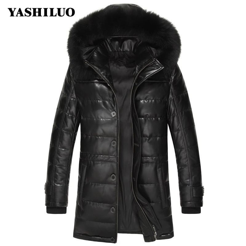 Brand Long Down Coats Men Real Sheepskin Slim Fit Fox Collar Winter