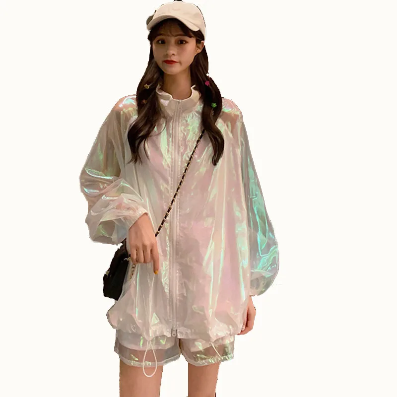 

2 Piece Sun Protection Jacket+Shorts Hip Hop Harajuku BF Coat Loose Silver Shiny Jacket Student Loose Summer Thin Jacket