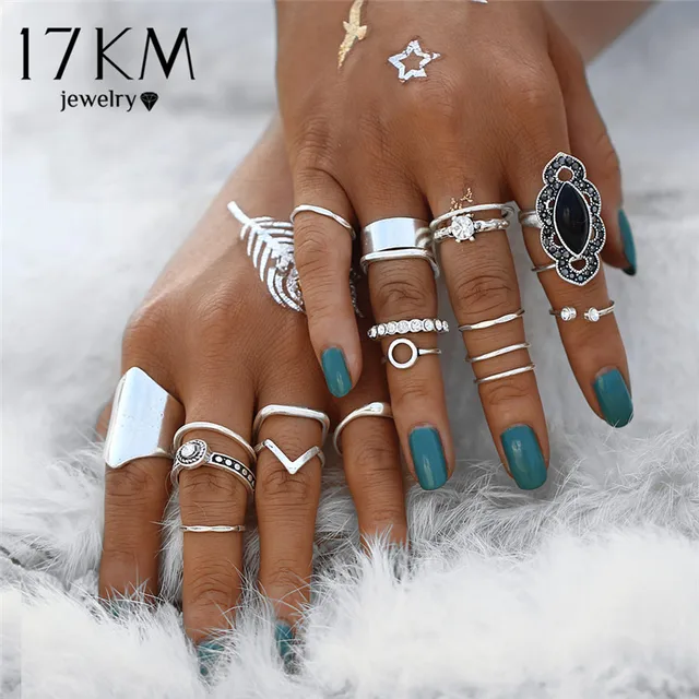 17KM Boho Vintage Black Stone Knuckle Ring Set For Women Anillos Crystal Heart C 17KM Boho Vintage Black Stone Knuckle Ring Set For Women Anillos Crystal Heart C