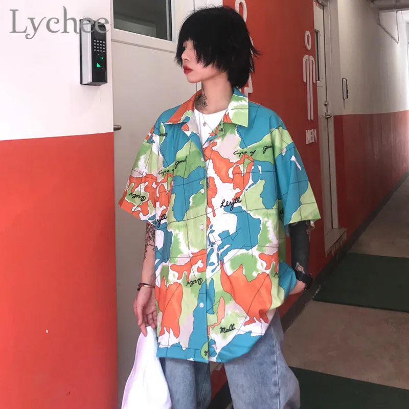 

Lychee Harajuku Hit Color Map Print Female Blouse Turn-down Collar Short Sleeve Loose Summer Color Block Women Blouse