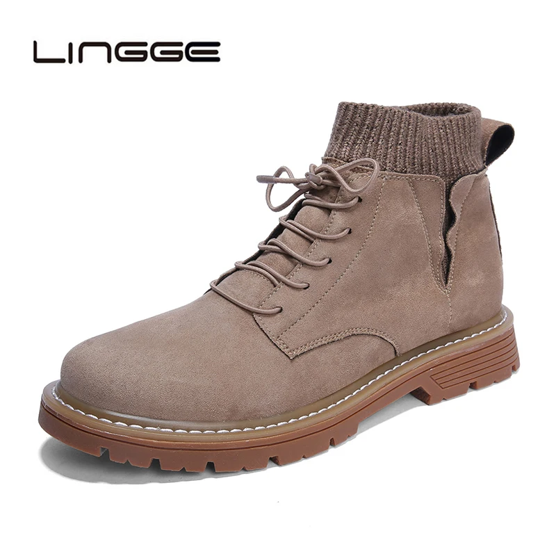 

LINGGE Men Lace Up Suede Leather Boots Round Toe Rubber Sole Martin Booties Male Black Brown Shoes