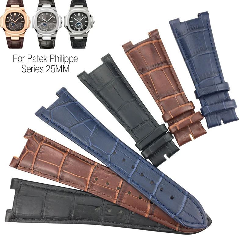 

25mm Italian Cowhide Watch Black Brown Folding Buckle Leather Watchband Suitable for PATEK PHILIPPK Series Watch
