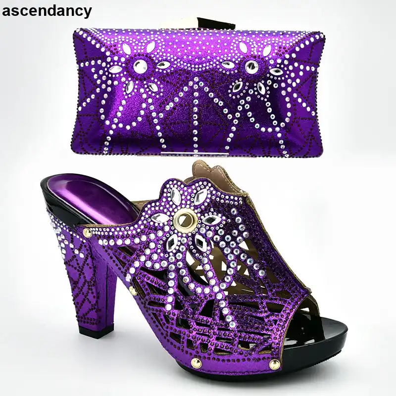 purple sandals and matching bag