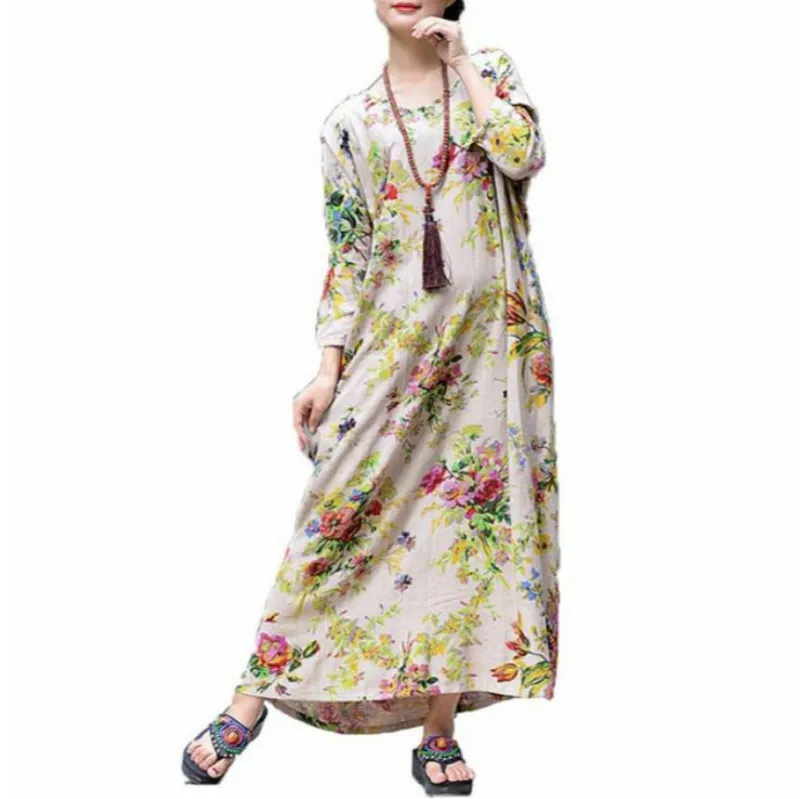 

Spring Long dress Plus Size 3XL 4XL 5XL Cotton Maxi dress Vintage loose Flower print Boho beach dress robe female