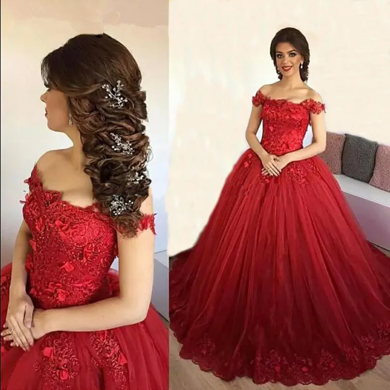 

Robe De Soiree red ball gown off the shoulder wedding dress sexy lace appliques beaded princess wedding gowns bridal dress