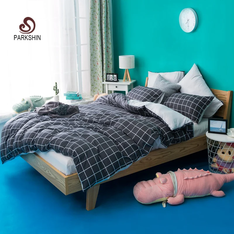 

ParkShin Black Grid Bedding Set Double Queen Duvet Cover Set Single Nordic Bed Linens Gray Flat Sheet Pillowcase Home Textiles