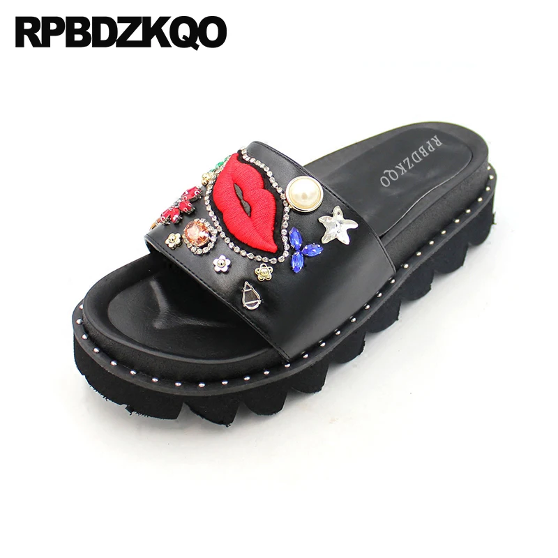 

Slides Women Sandals Flat Summer 2018 Diamond Jewel Crystal Rivet Rhinestone Comfortable Platform Black Flatform Shoes Stud