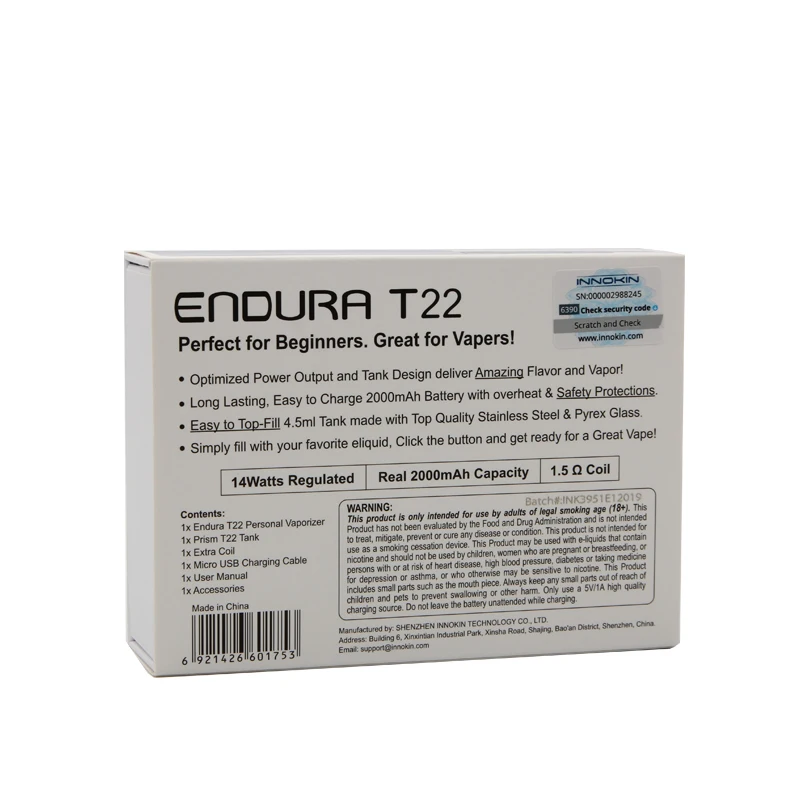 Original Innokin Endura T22 Kit with 2000mAh Built-in Battery and 4ml Prism T22 Tank 14W E Cigarette Kit with Endura T18 Coil 01