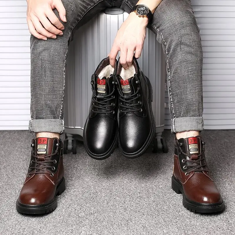 Теплые мужские повседневные ботинки на меху хлопковая обувь кожаные зимние фланелевые Ботинки Martin мужские армейские ботинки противоскользящая мужская обувь