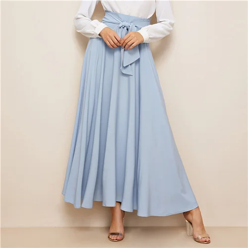 SHEIN Женская юбка макси с бантом и широким поясом, летняя юбка с высокой талией,, элегантная синяя Однотонная юбка трапециевидной формы на молнии с поясом - Цвет: Синий