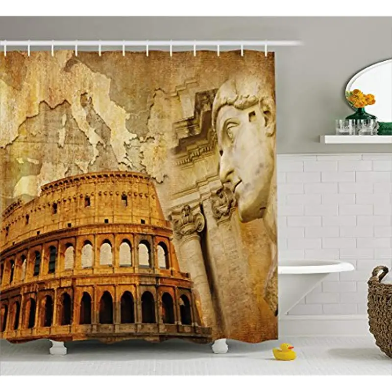 

Vixm Retro Shower Curtain Roman Empire Concept Famous Columns Sculptress Colosseum Map of the Nation Fabric Bath Curtains