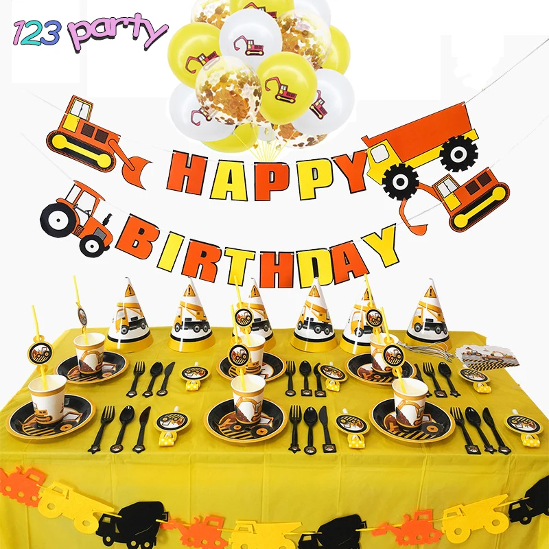 

Construction car theme disposable tableware paper plates cup children birthday party decoration balloons baby shower supplies
