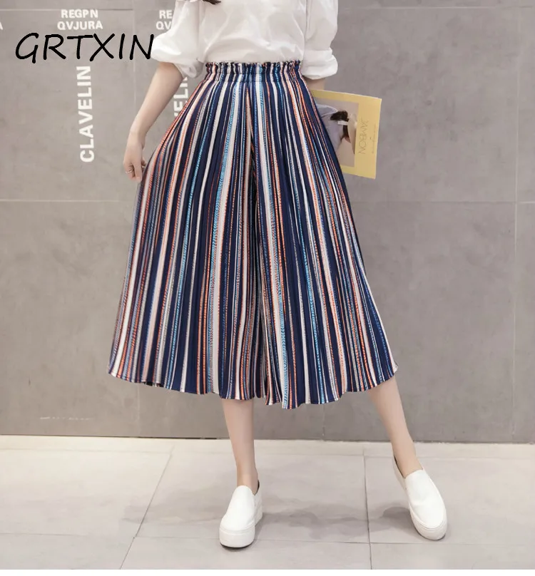 

Fashion Beach Stripe Pleated Chiffon Pants Summer Chic S-XL Ankle-Length Wide Leg Pants Women Loose Lady Pantalon Femme