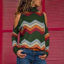 Autumn high collar strapless long sleeve geometric print loose youth ladies knit top free shipping Autumn high collar strapless long sleeve geometric print loose youth ladies knit top free shipping