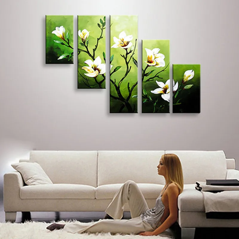 

5 Piece Canvas Pictures Handpainted Abstract Green Flowers Oil Painting Modern Decor Wall Art Floral Paintings For Living Room