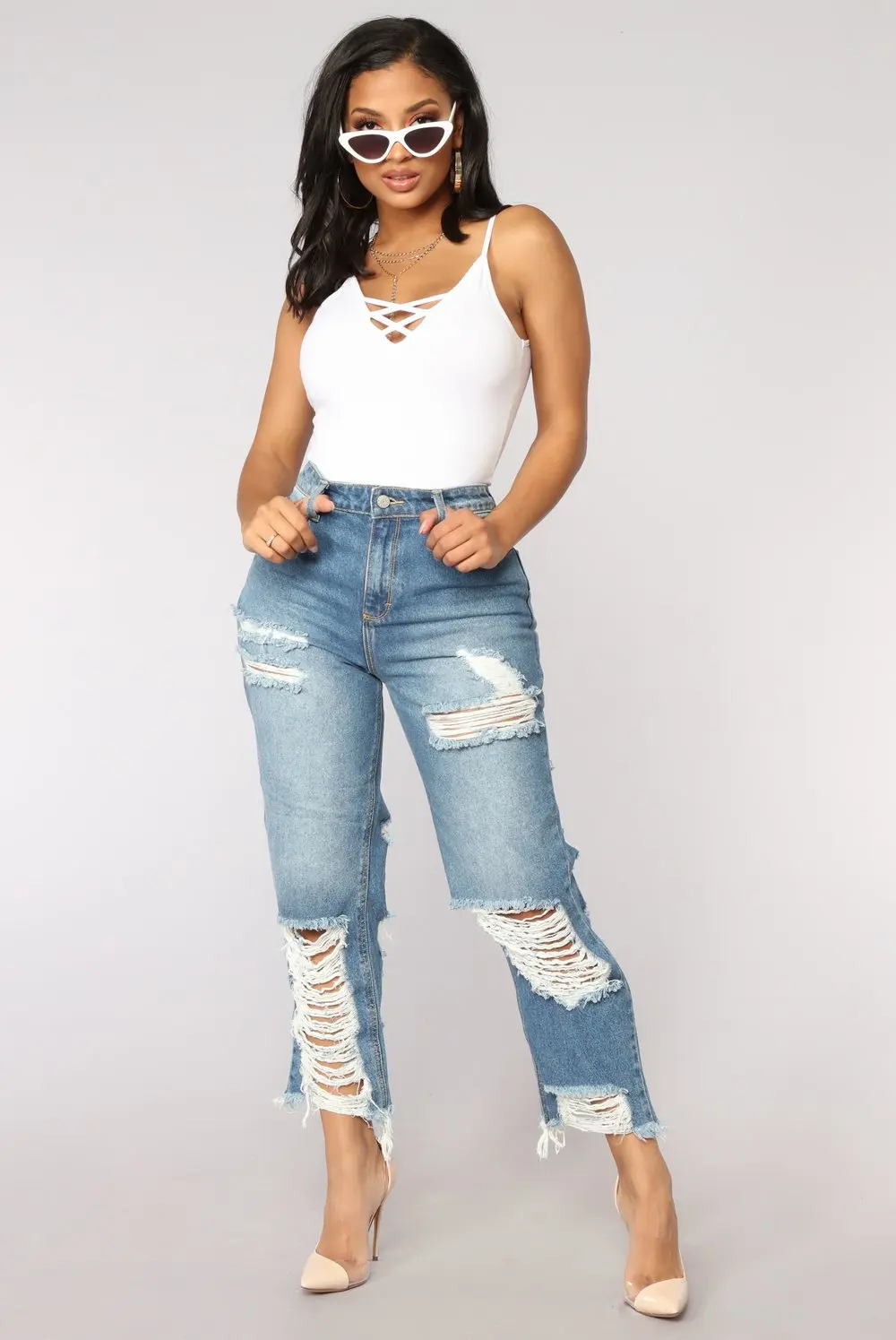 

jeans woman pants plus size mom cotton love fashion zipper ankle-length pants hole pockets patchwork casual 2019