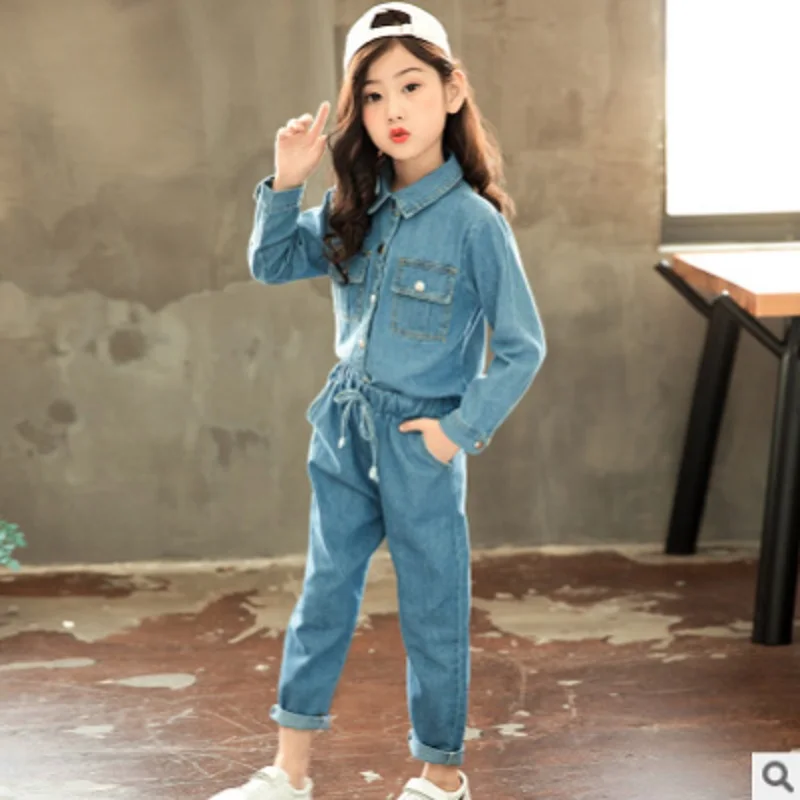 

Children 's Denim Clothing Sets Suits New 2019 Spring/Autumn Girls Blue Color Tie Suits Size4-14 Kids Clothes Sets 2 piece ly136