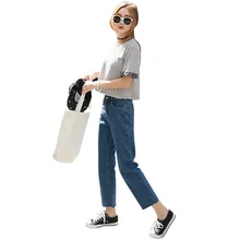 Широкие Прямые Джинсы женские свободное до щиколотки брюки Высокая талия джинсы штаны цвет синий, черный; большие размеры Цвет; сезон весна-осень;