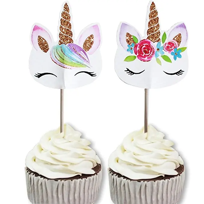 

24pcs/lot Hot Sale 3styles Unicornio Cupcake Topper Happy Birthday Cake Toppers Kids Favors Baby Shower Party Cake Decoratio