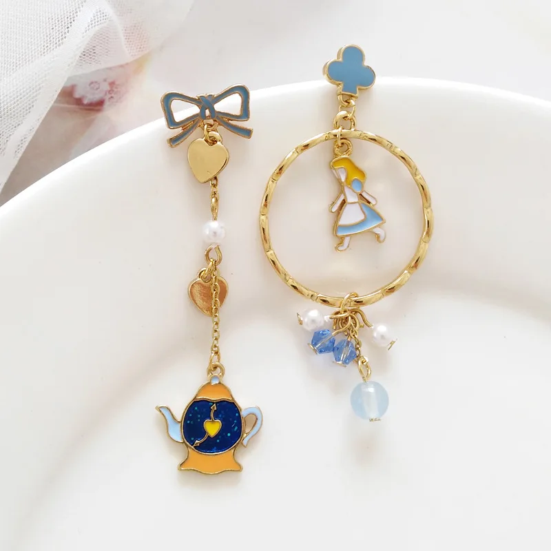 

Fairy Tales Cute kawaii Alice in Wonderland fairy Princess Clip Earrings No Pierced Teapot Clock Long Chain Clip on Earrings
