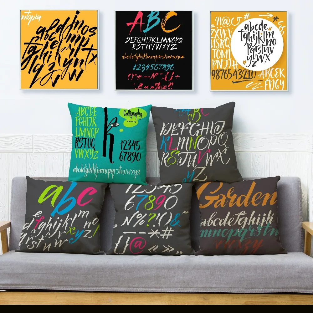 

Ink Letter And Number Print Pillowcase Beige Linen Cushion Cover 45*45 Square Throw Pillows Covers Sofa Home Decor Pillow Case