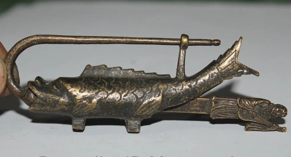 WBY Gang Old Chinese Fengshui Folk Bronze Dragon Fish barracuda Statue Door lock up Key | Дом и сад