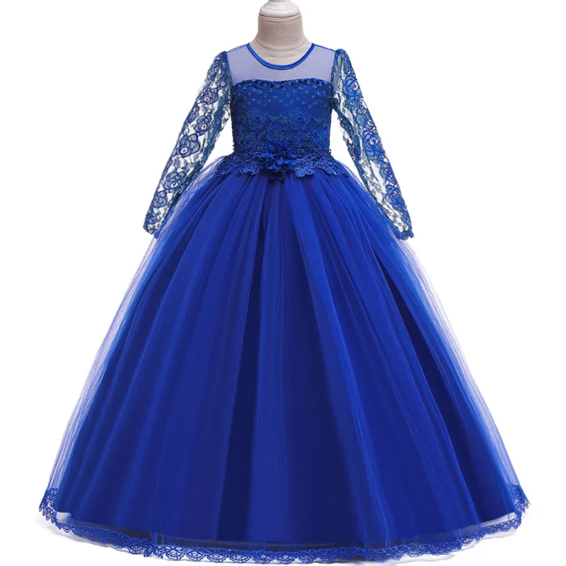 

4-14 year flower girl wedding dress girls teens banquet formal clothes hollow long sleeve lace children sweet party long dress