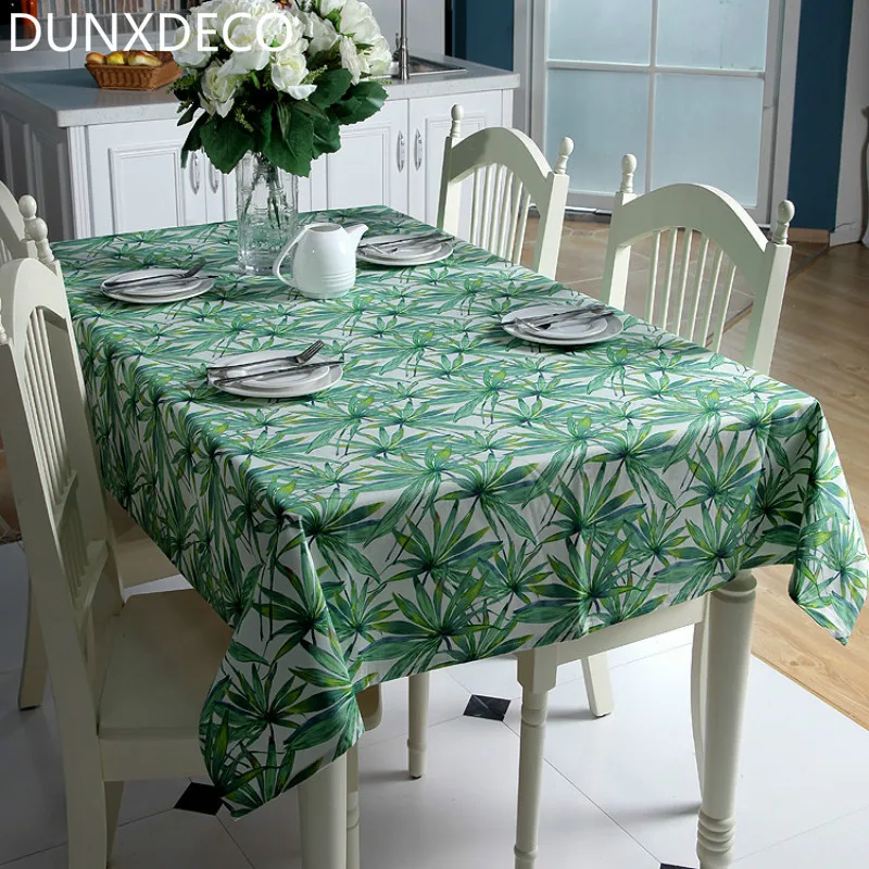 DUNXDECO Tablecloth Cotton Canvas Table Cover Fabric Green Leaf Print