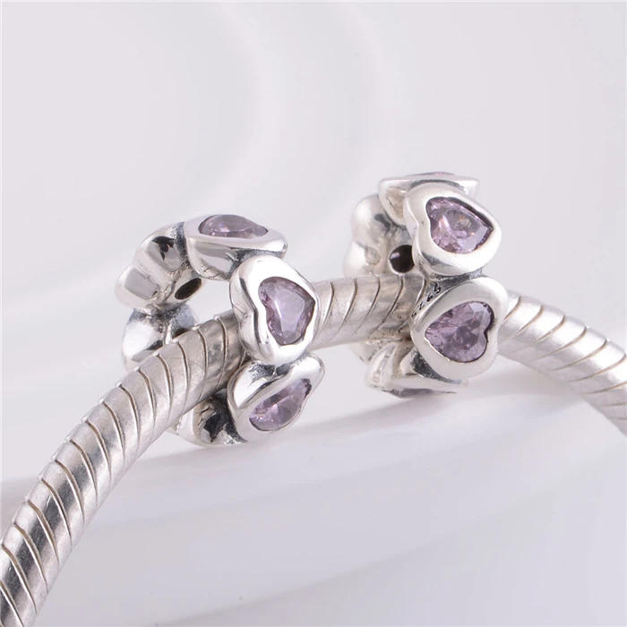 

LW334 NEW 925 Sterling Silver Big Charm Bead With Purple Crystal Love Heart Charm Beads Compatible With Pandora Style Bracelets