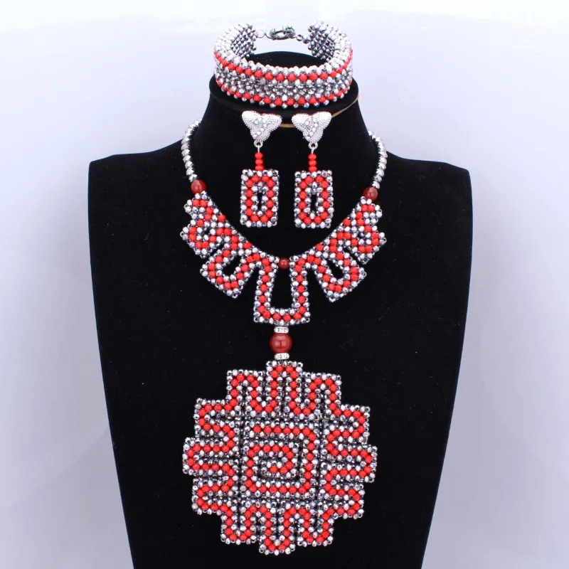 

4UJewelry Ladies Jewellery Sets and Earrings Silver & Red Big African Dubai Jewelry Sets For Women / Female 2018 Free Shipping