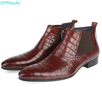 

QYFCIOUFU New Men's Fashion Chelsea Boots Crocodile Pattern Ankle Boots Shoes Genuine Leather Boots Slip-on Pointy Martin Boots