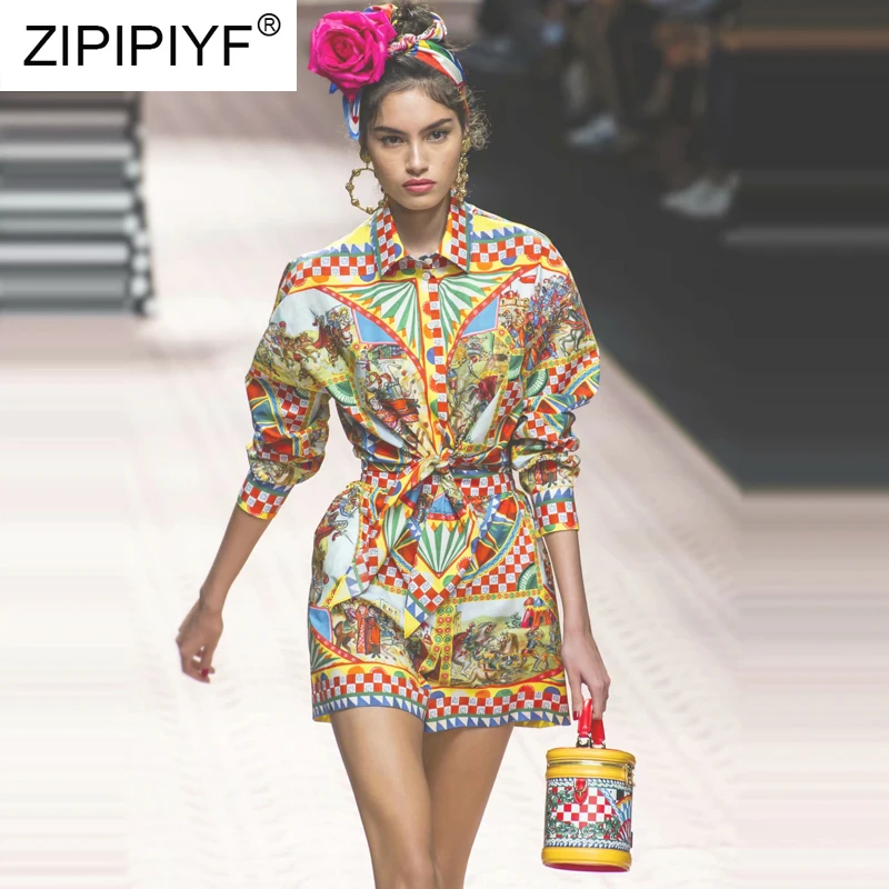 Holiday Vintage Women Two Pieces Set Long Sleeve Single Breasted Printed Tops and Short Pants Elegant Female Suits Vestidos K373 |